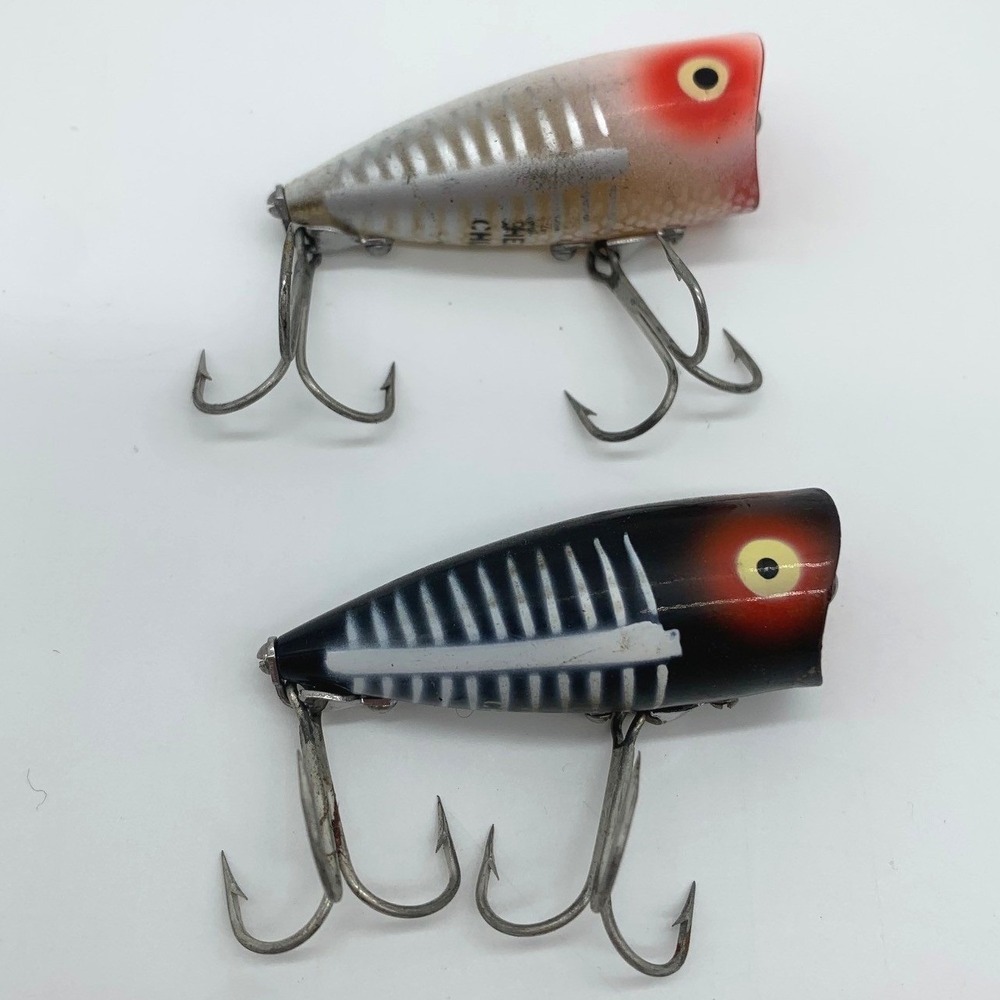 Heddon Chugger Jr Fishing Lures 2pc Black Silver Red Face Topwater Poppers